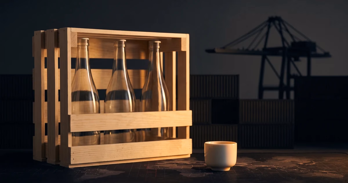 Crated sake bottles and a sake cup in front of a shipping port at dusk, illustrating Japanese sake export promotion