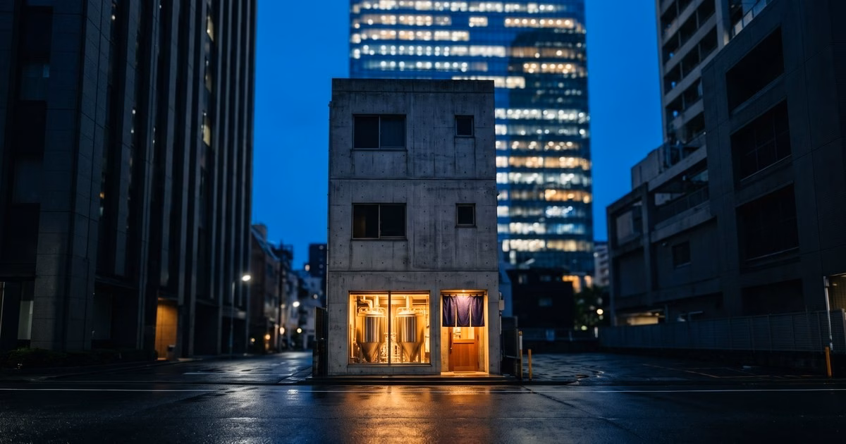 Narrow concrete Tokyo building with sake brewing tanks visible through the ground-floor window at dusk