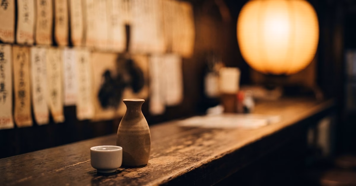 Sake cup and flask on an izakaya counter with an unreadable handwritten menu behind